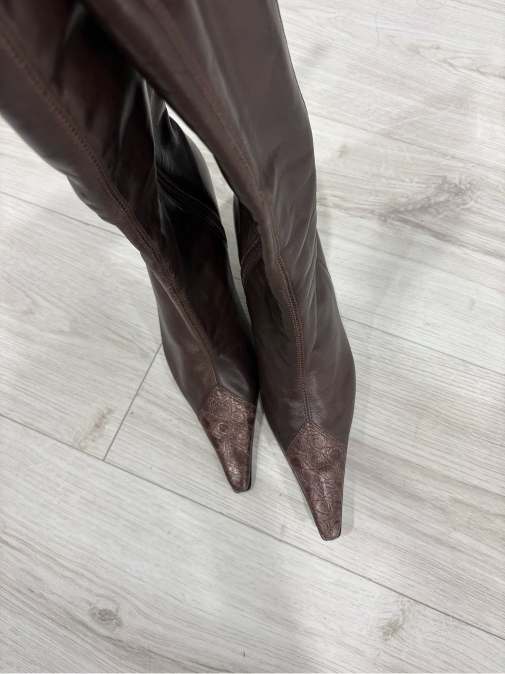 Women's Dark Brown Leather Pointed-Toe Knee-High Heeled Boots - Picture 2 of 5